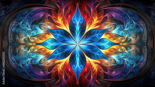 Multicolored symmetrical pattern in stained-glass window style. Computer-generated graphics. 