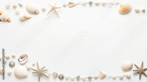 a white background with a border of seashells and starfish. The seashells and starfish are arranged in a rectangular border, creating a natural and coastal frame. The seashells and starfish have