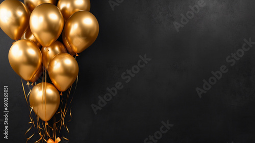 Gold balloons bunch on a black wall background, Horizontal banner,