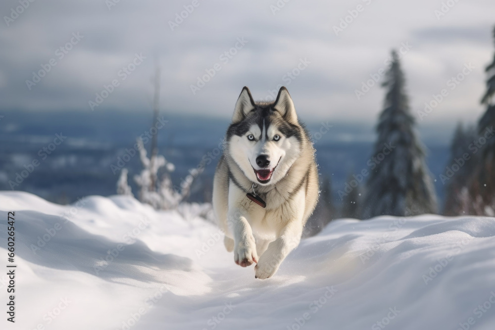 Cute Husky Dog Jumps in the frost snow with funny face on the winter landscape background