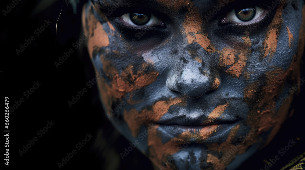 Close up of a Camouflage painted face. Generative Ai Close up of a Camouflage painted face. Generative Ai