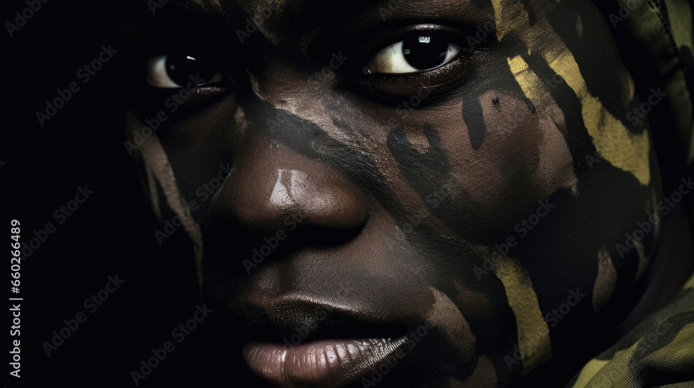 Close up of a Camouflage painted face. Generative Ai Close up of a Camouflage painted face. Generative Ai