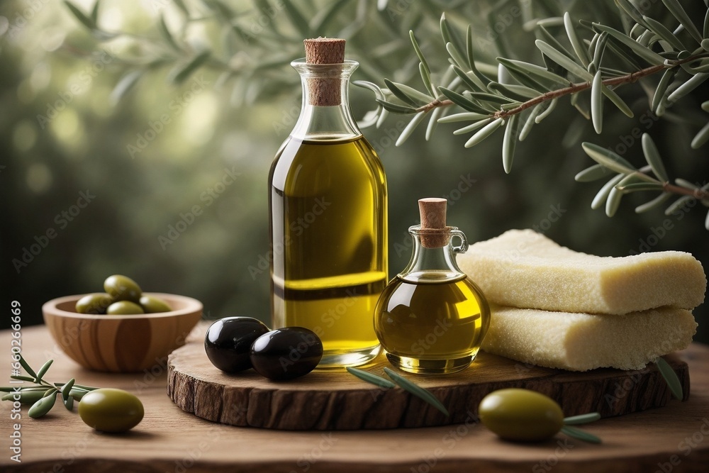 a bottle of Olive oil, olive tree branch, cosmetics, soap, cream, a bottle of Olive oil, olive tree branch, cosmetics, soap, cream,