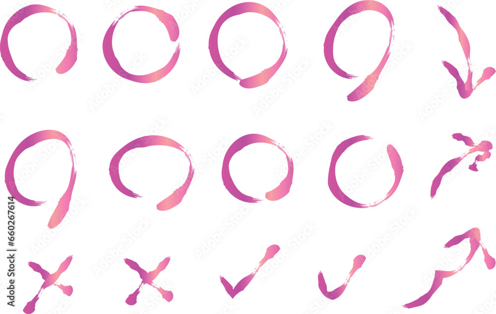 Set of hand-drawn gradient pink calligraphy signs, vector illustration isolated on a transparent background.