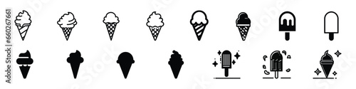 Ice Cream Icon Set, Ice cream icons set, ice cream collection, Illustration of ice cream on white background, Ice cream icon set. Pictogram for web. Line stroke. Ice cream black silhouette icons set