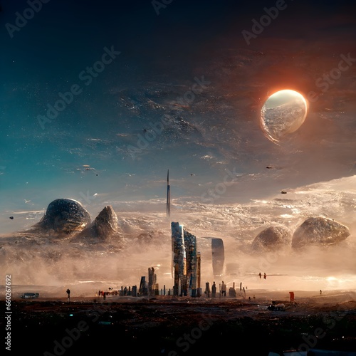 Foto a new civilization on a terraformed planet alien landscape futuristic buildings