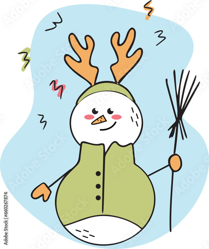 Cheerful snowman in a deer costume with a broom. Doodle illustration. Children s character. Hello winter