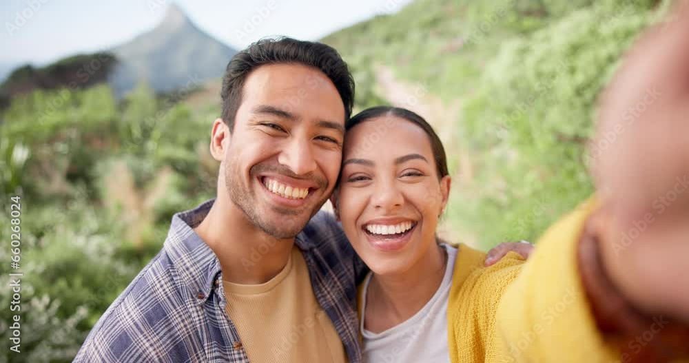 Couple, face and crazy selfie in nature for hiking, travel or adventure together. Portrait, funny and travel influencer people in a forest for social media profile picture, blog or podcast update Couple, face and crazy selfie in nature for hiking, travel or adventure together. Portrait, funny and travel influencer people in a forest for social media profile picture, blog or podcast update