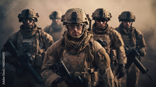 Group of Several modern soldiers fully equipped facing the camera in a dusty and smoggy environment. Generative Ai photo
