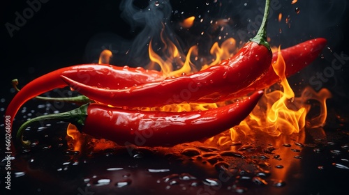 Red hot chilli peppers on fire burning on dark background