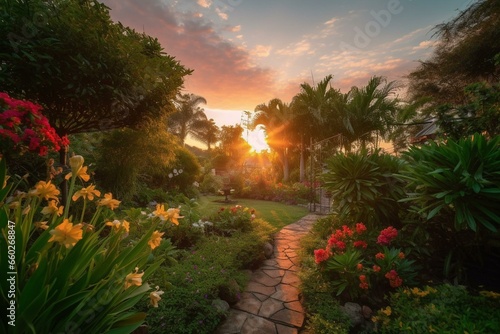 garden sunset. Generative AI