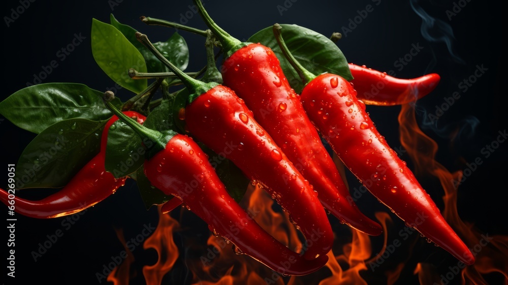 Red hot chilli peppers on fire burning on dark background Red hot chilli peppers on fire burning on dark background
