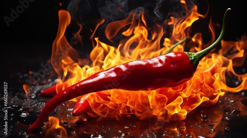 Red hot chilli peppers on fire burning on dark background