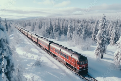 A train traveling on a railway in the snow in winter. top view, shooting from a drone