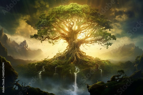 Yggdrasil, a Norse myth symbol, represents the life-giving tree. Generative AI