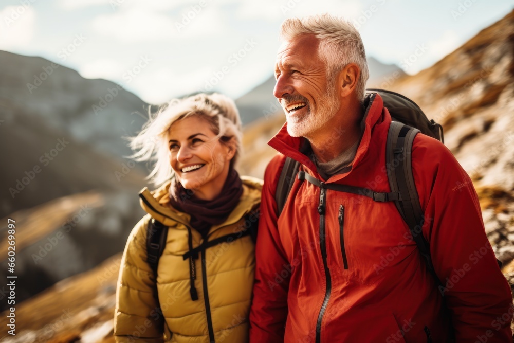 Senior couple admiring the scenic Pacific coast while hiking, filled with wonder at the beauty of nature during their active retirement. Exploring the great outdoors in the mountains, active lifestyle