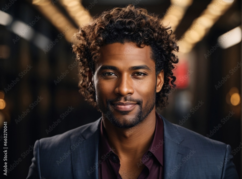 American handsome beautiful curly black lawyer portrait with smooth health skin face for advertising design. Generative AI. American handsome beautiful curly black lawyer portrait with smooth health skin face for advertising design. Generative AI.