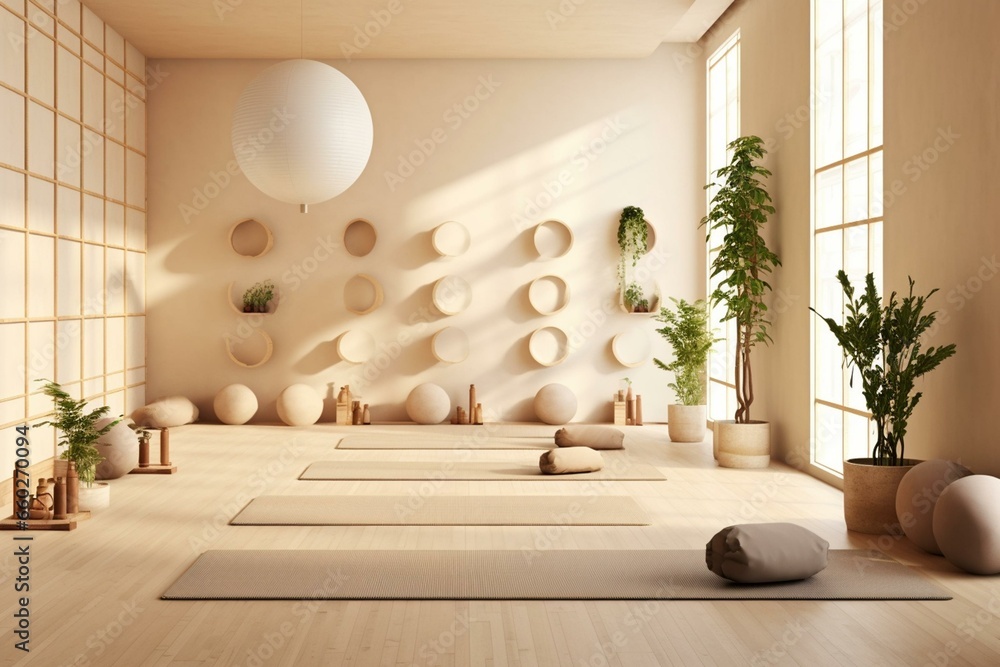 Neutral-toned yoga studio with wooden elements, featuring mats and fitballs. Generative AI - obrazy, fototapety, plakaty 
