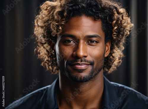 American handsome beautiful curly black lawyer portrait with smooth health skin face for advertising design. Generative AI.