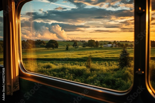 View of mountains, forest, green landscape from the train window. Rail travel concept