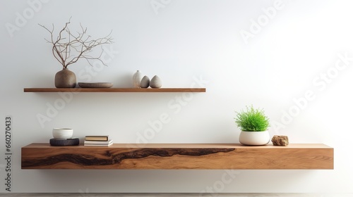 Wood floating shelf on white wall. Storage organization for home