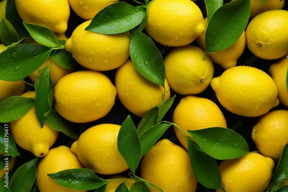 Overhead shot of ripe lemons for lemonade, depicting citrus fruit idea. Generative AI