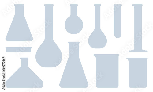 Set of laboratory glassware silhouettes: volumetric flask, Erlenmeyer flask, round-bottom flask, Fernbach flask, Petri dish, test tube, graduated cylinder, and beaker