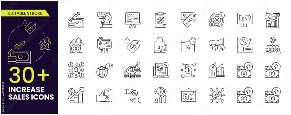 Increase sales Editable Stroke Icons. Sales, strategy, marketing, profit, vision, SEO, Increase Sales collection. Stroke Icons Collections