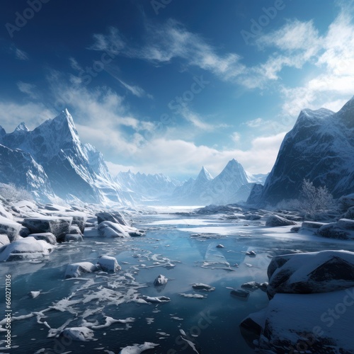 An icy masterpiece, where the arctic sky meets the frozen river and snow-capped mountains, with clouds dancing over the rugged landscape and water freezing into majestic glaciers while winter's chill