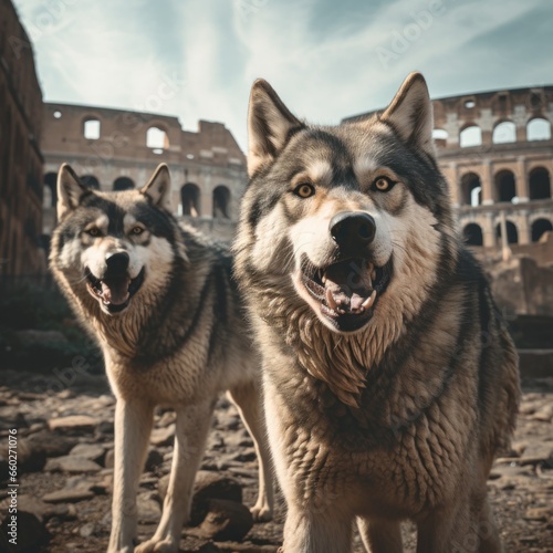 Amidst the ruins, two lupine figures stood tall, their snouts raised in a haunting howl, embodying the untamed spirit of canis in the heart of the ancient colosseum
