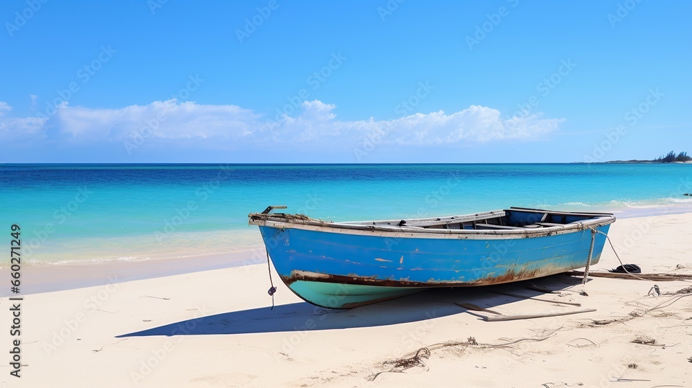 Small boat with beach background  .Generative AI