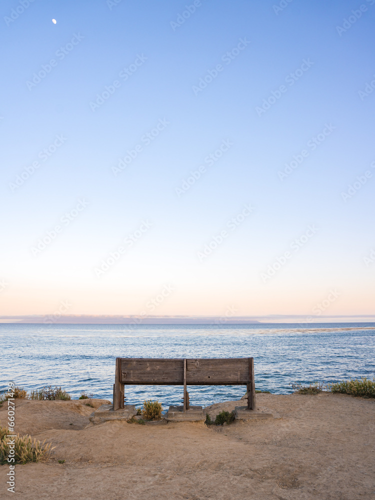 Bench at Sunset by the Pacific Ocean in Pleasure Point, California, Santa Cruz Monterey Bay