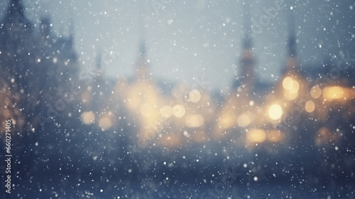 Beautiful blurred of festive night or evening city with snowfall and Christmas lights. Abstract Christmas defocused background. photo