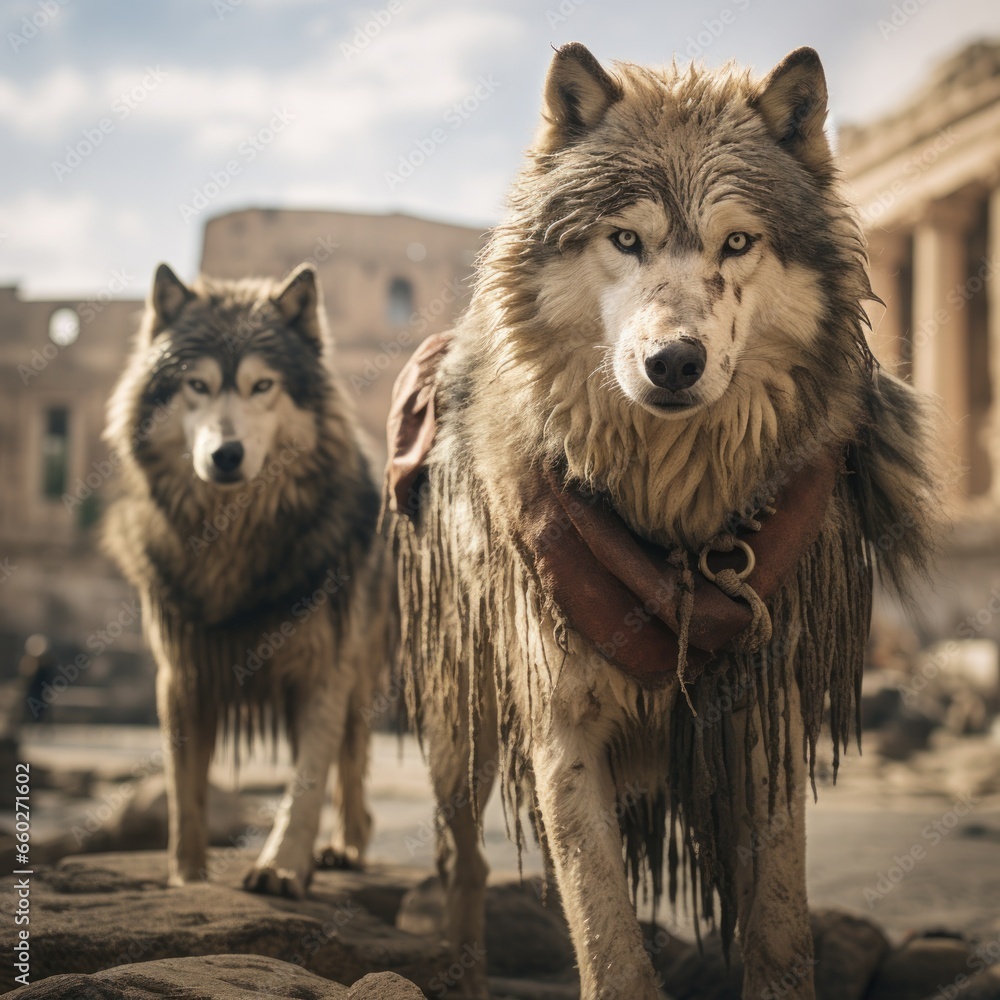 Obraz premium A fierce pack of canines, with powerful snouts raised to the sky, stands united on the rocky terrain, embodying the untamed spirit of the wild