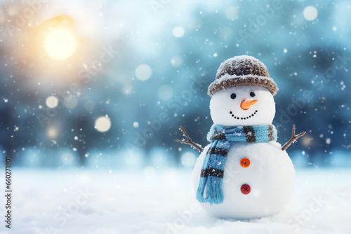 A snowman wearing a hat and scarf in a snowy landscape