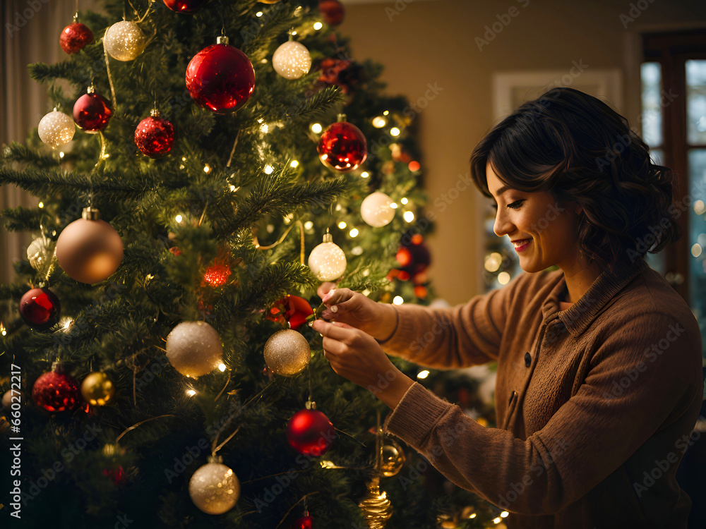 A hands on shot of someone decorating a Christmas tree with ornaments and lights A hands on shot of someone decorating a Christmas tree with ornaments and lights