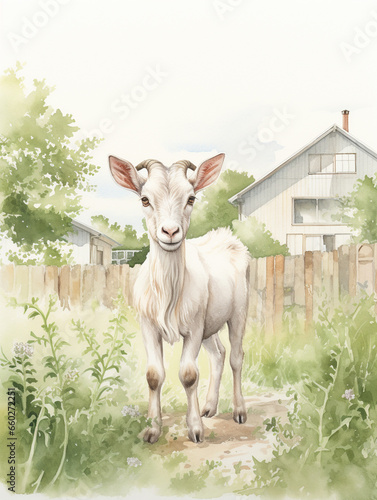 A Minimal Watercolor of a Goat in the Backyard of a Nice House in the Suburbs