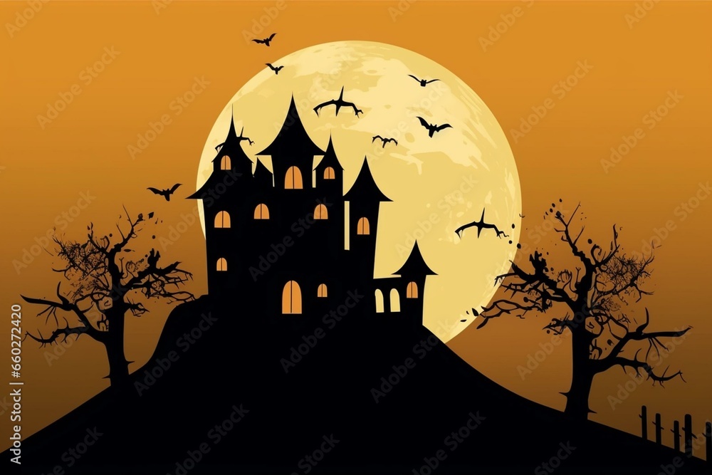 A Halloween card featuring a castle on a mountain. Generative AI
