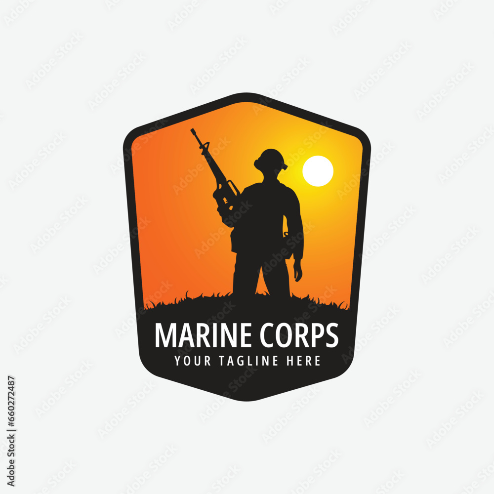 marine corps with sun and weapon logo design vector illustration - obrazy, fototapety, plakaty 