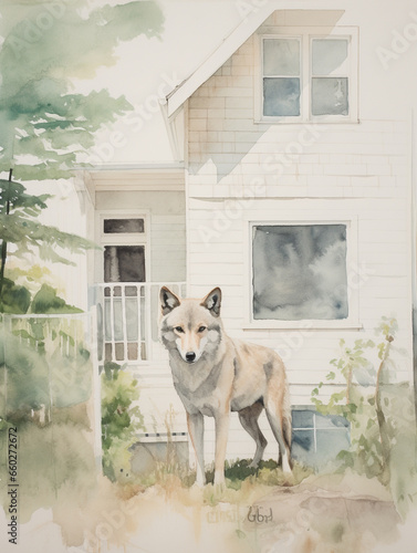 A Minimal Watercolor of a Wolf in the Backyard of a Nice House in the Suburbs