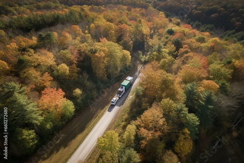 Bird's-eye view of truck with trailer traversing a forested road. Generative AI