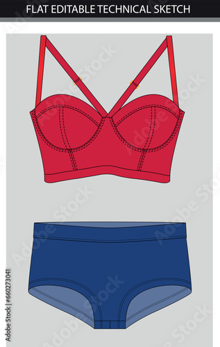 Women's underwear sets. Vector illustration of a red bra and panties. Flat sketch.
