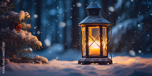 Vintage Christmas lantern on snow