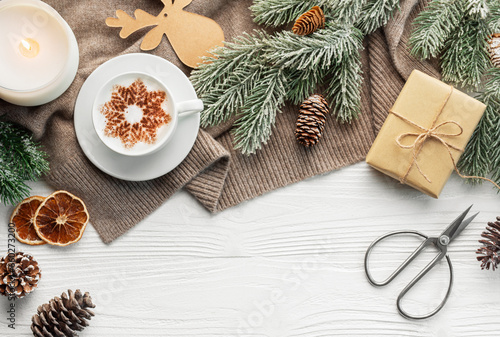Cup of Coffee,  gift box and  christmas decorations