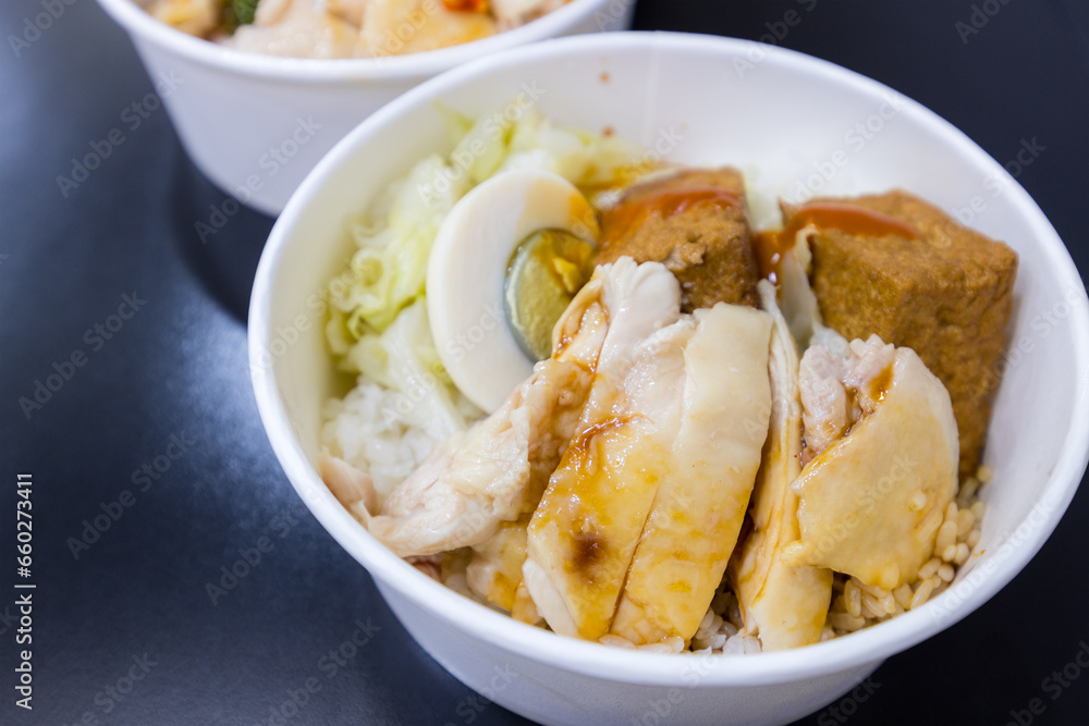 Steamed chicken fillet in take away bowl Steamed chicken fillet in take away bowl