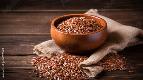 Natural Flaxseeds on Wood Background with Copy Space