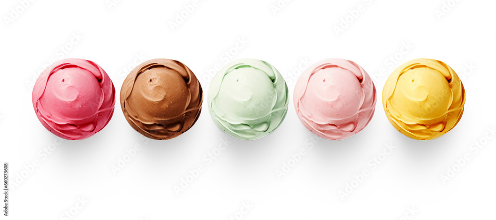 Ice cream scoop balls assorted different flavour top view. 3d realistic Milk dessert. Digital image for artwork design on white background Ice cream scoop balls assorted different flavour top view. 3d realistic Milk dessert. Digital image for artwork design on white background