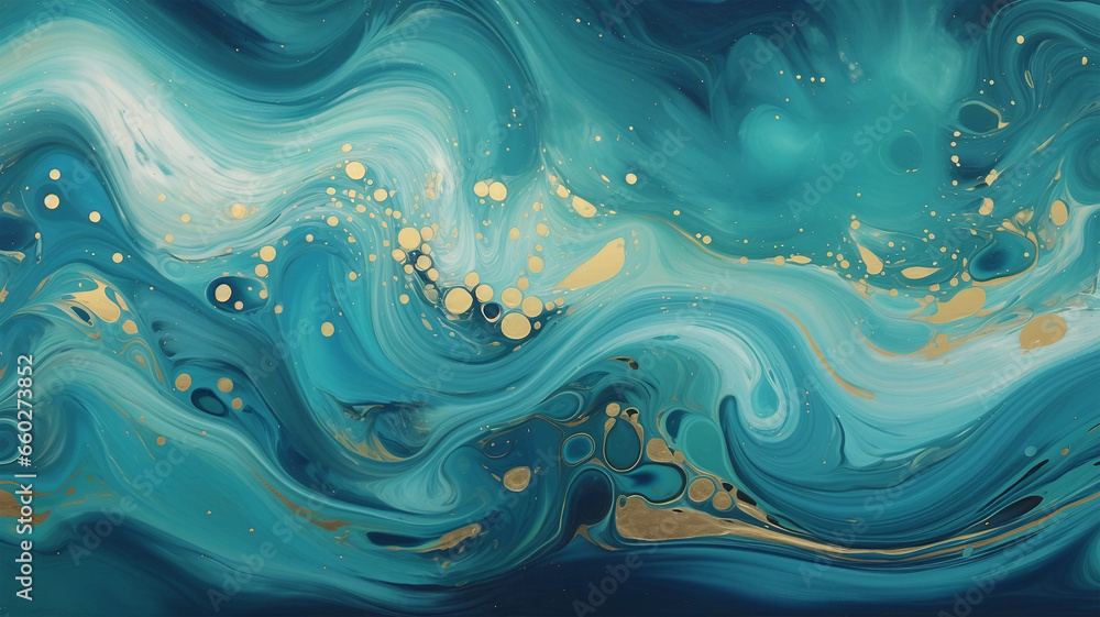 Beautiful Teal and Blue Liquid Swirls with Gold Powder. Elegant Design Banner. Beautiful Teal and Blue Liquid Swirls with Gold Powder. Elegant Design Banner.