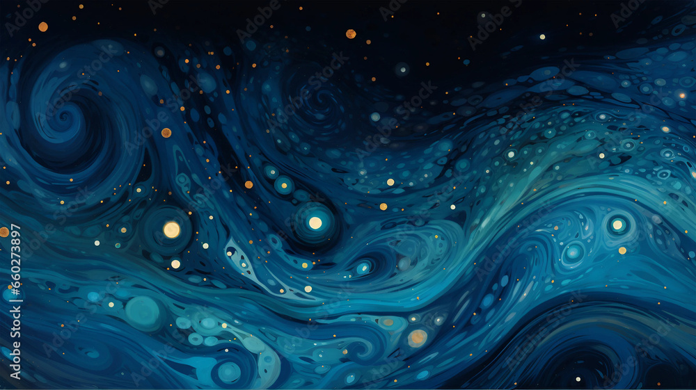 Beautiful Teal and Blue Liquid Swirls with Gold Powder. Elegant Design Banner.