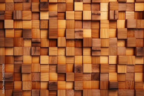 Square wooden wall background with tiled timber. Wallpaper with 3D  natural blocks. Generative AI